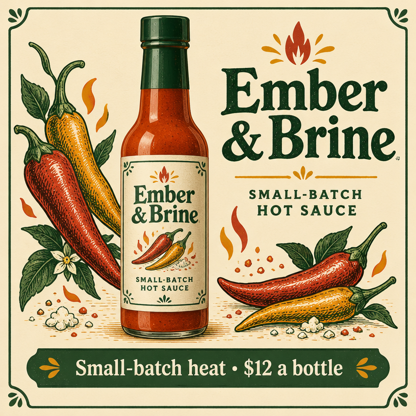 Ember & Brine small-batch hot sauce launch graphic