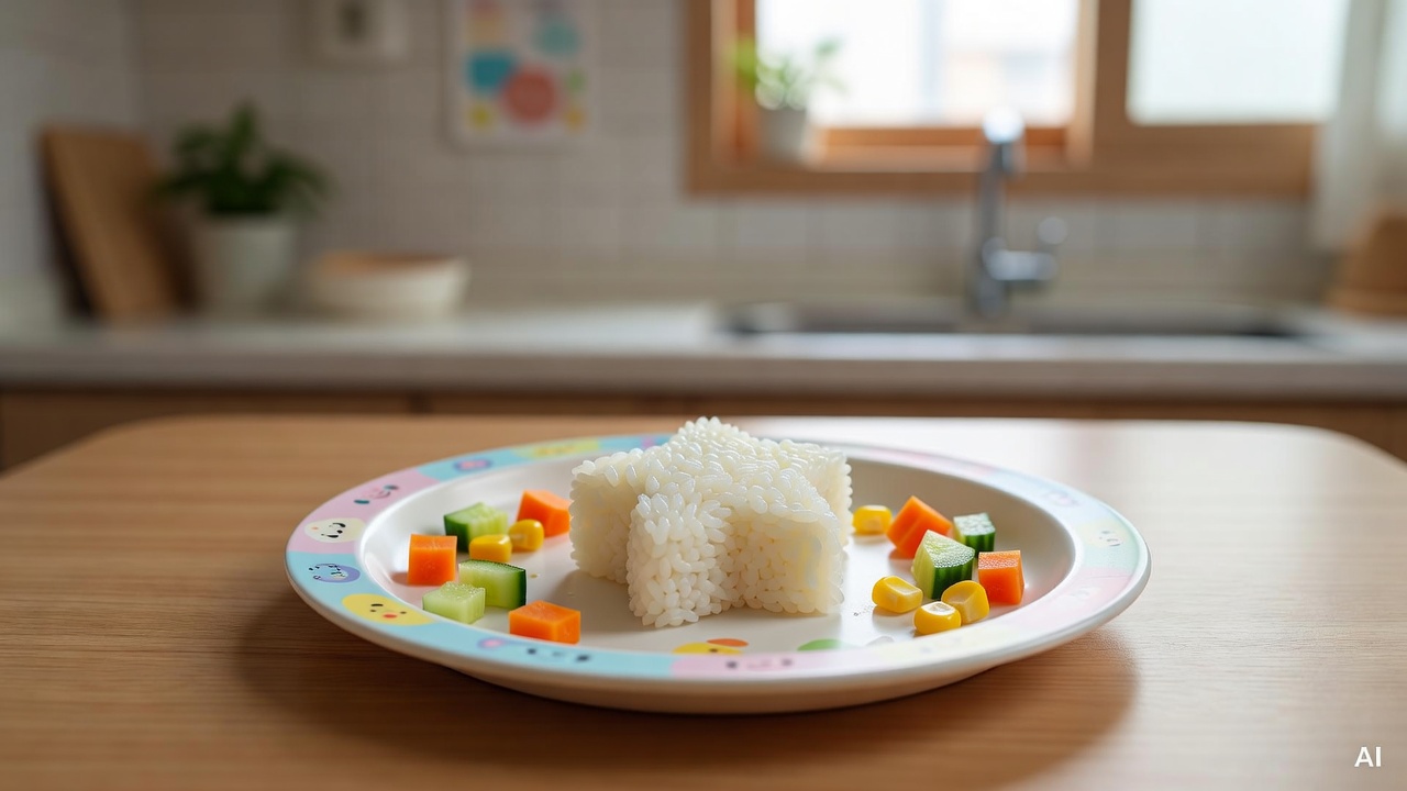 star-shaped rice ball and small vegetable pieces on a children's plate