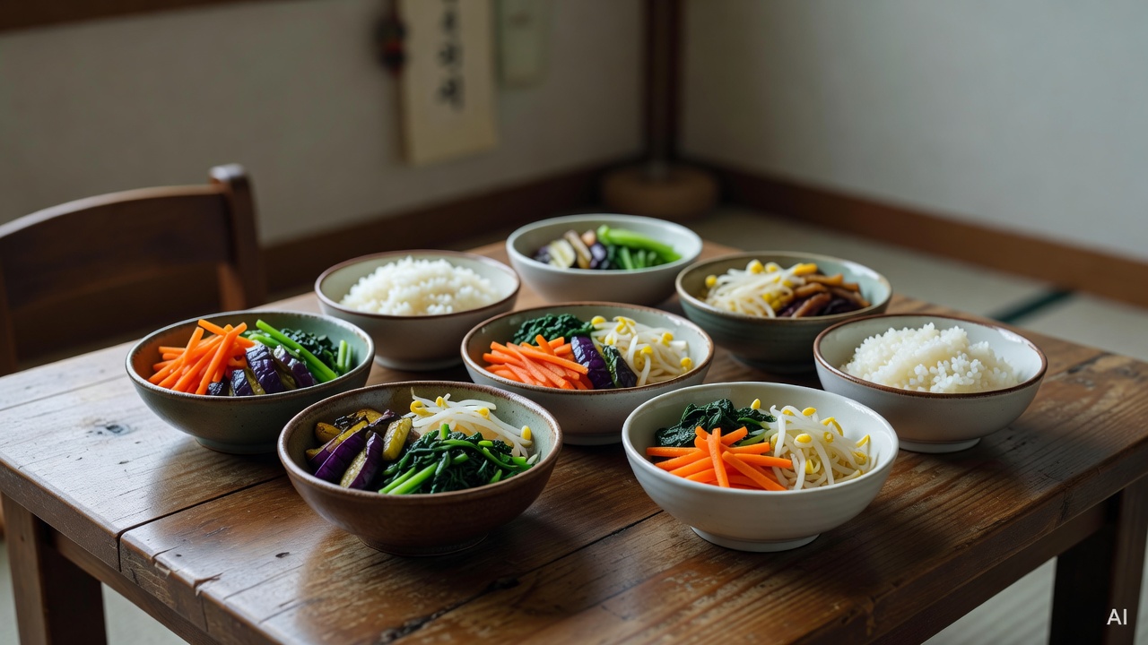 colorful vegetables and rice in small bowls arranged on a wooden dining table
