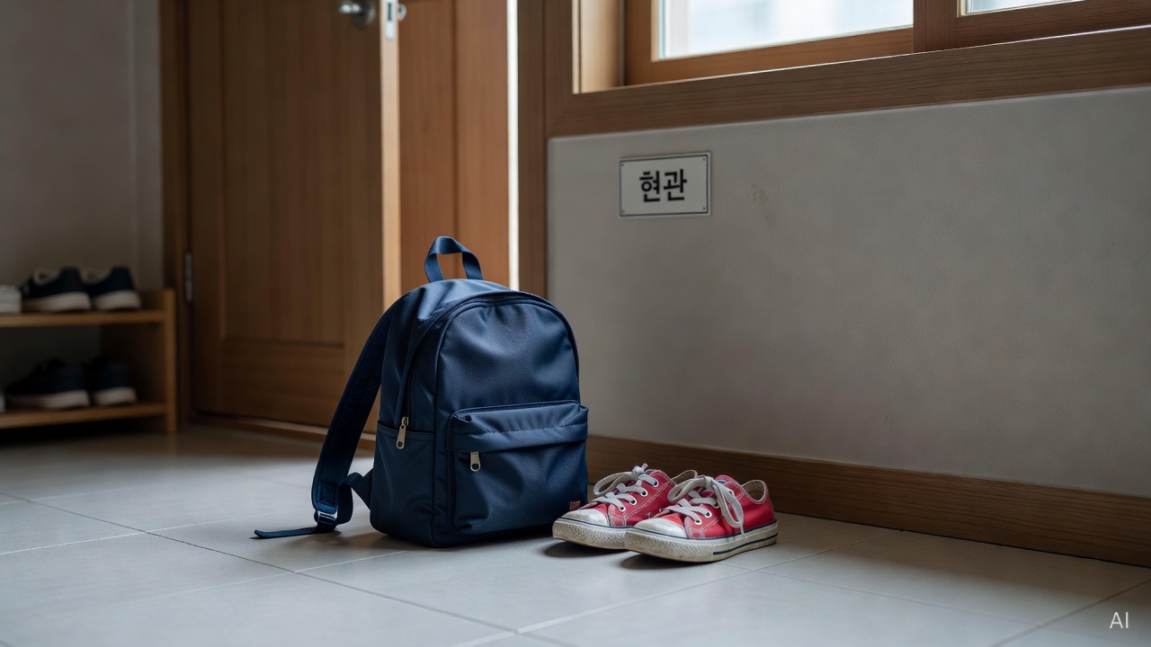 a small backpack and pair of children's shoes placed neatly near a front door