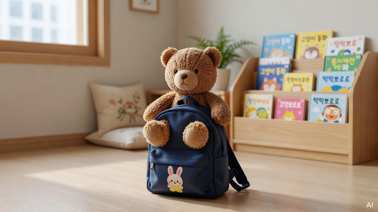 a soft stuffed bear sitting on top of a small children's backpack in a bright room