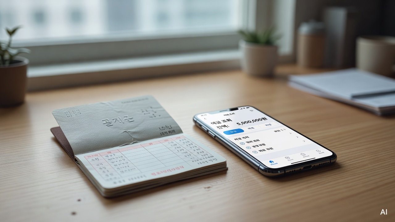 a savings passbook and a smartphone placed side by side on a desk