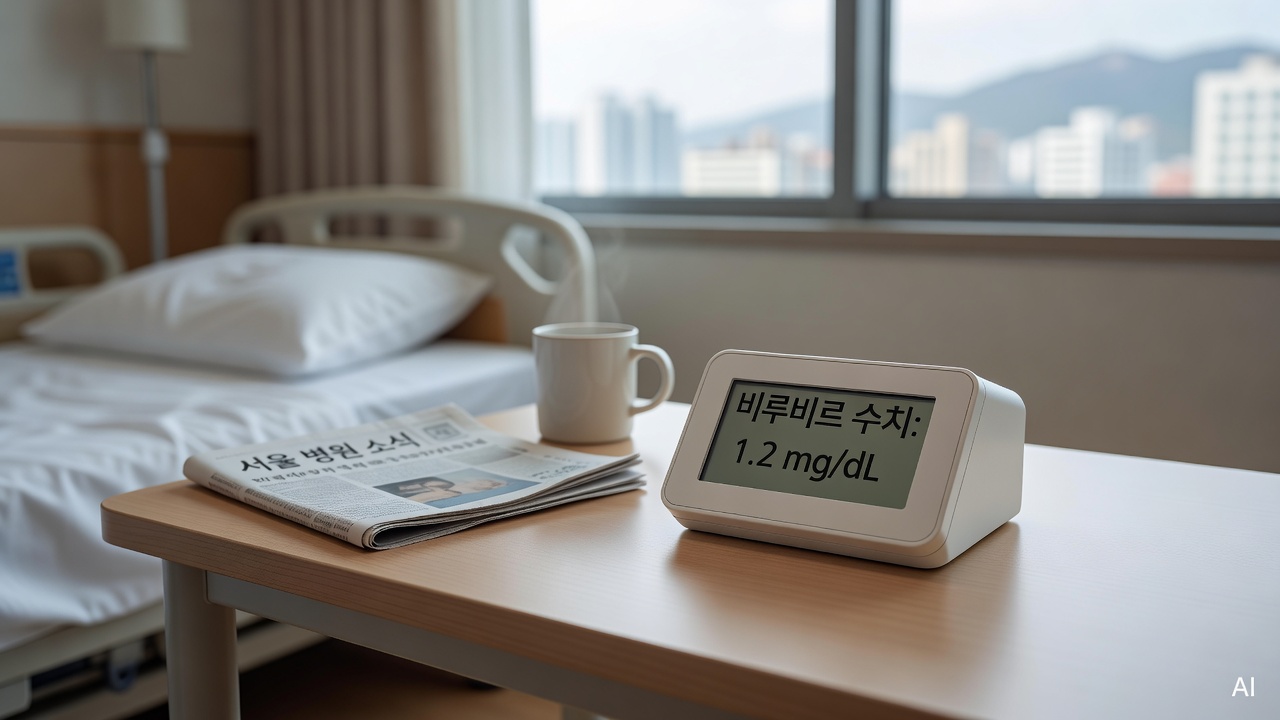 medical device displaying bilirubin reading on a hospital bedside table