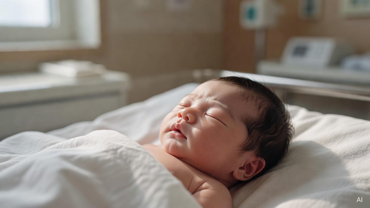 close-up of a newborn baby's face and chest area on a white hospital blanket