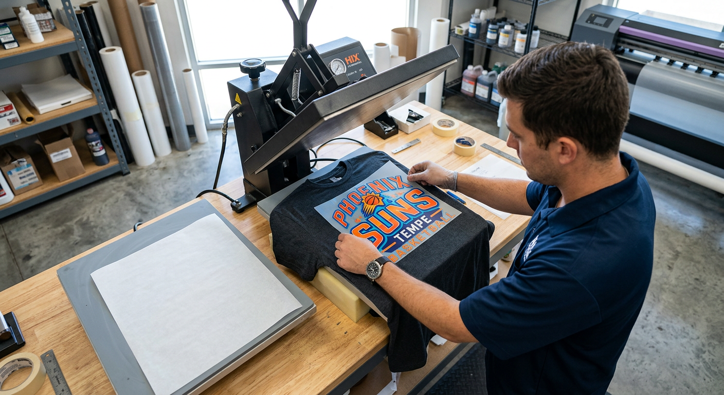Photorealistic overhead view of a heat press operator aligning a colorful DTF transfer on a cotton T-shirt, parchment shee...
