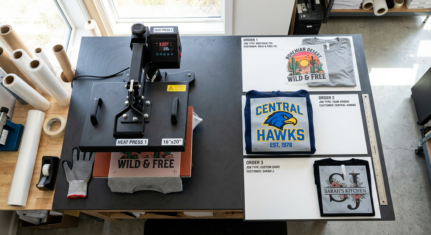 Photorealistic overhead view of a heat press station with three small DTF transfer orders labeled by job type, including a...