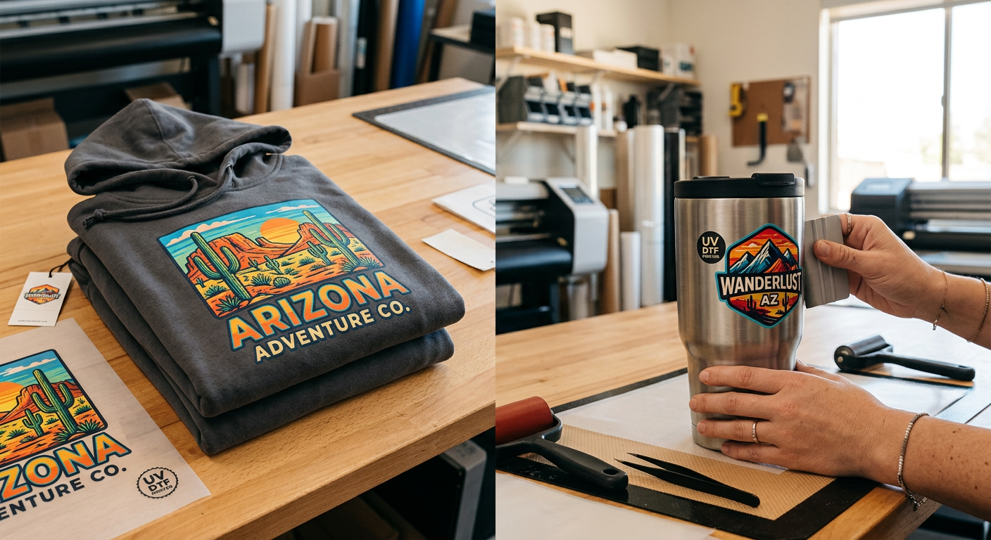 Photorealistic split workspace showing a folded premium hoodie with a colorful DTF print on the left and a stainless tumbl...
