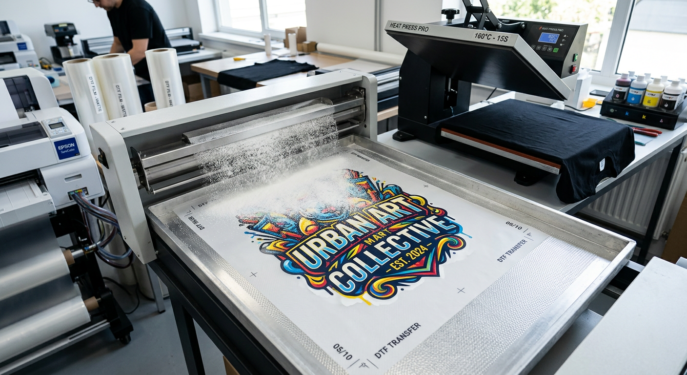 Detailed photorealistic close-up of the direct-to-film production process, showing a vibrant printed PET transfer sheet wi...
