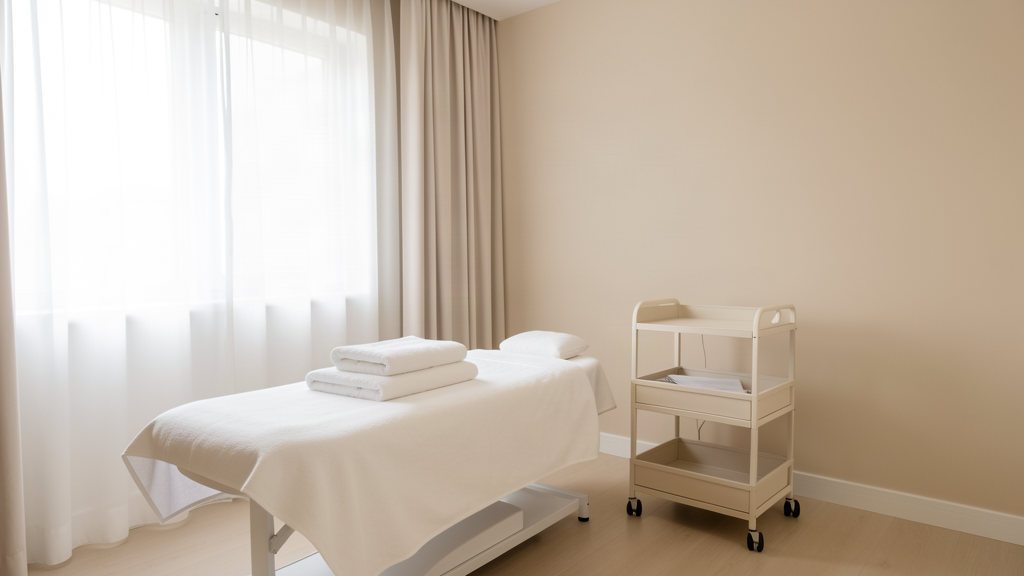 Quiet med spa treatment room with prepared treatment bed, folded towels, and a utility cart in soft daylight, no people, no text