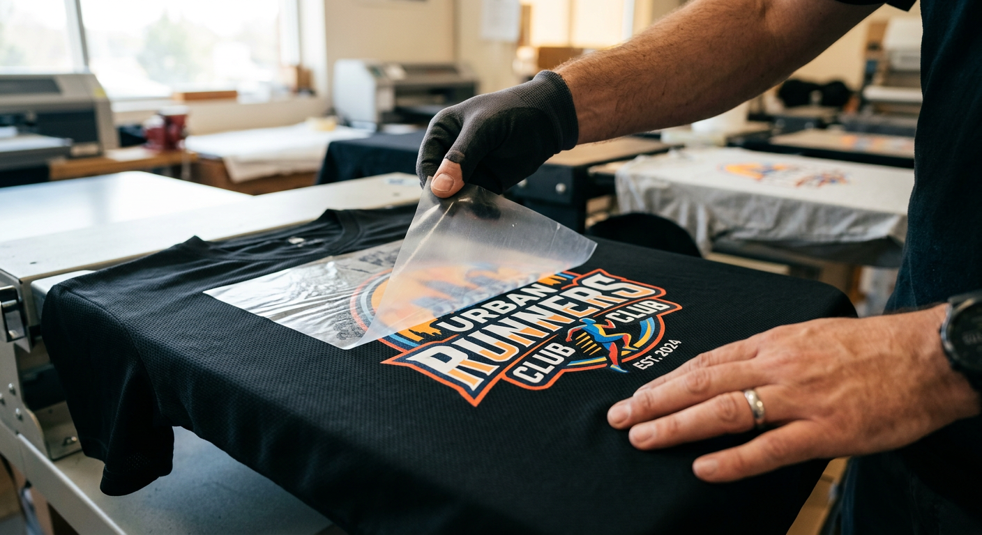 Photorealistic close-up of a print shop operator slowly cold-peeling clear carrier film from a vibrant DTF graphic on a bl...