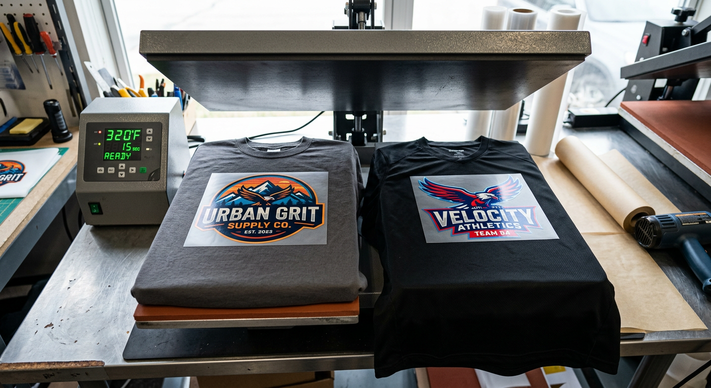 Photorealistic overhead close-up of two shirts on a professional heat press workstation, one heavyweight cotton tee and on...