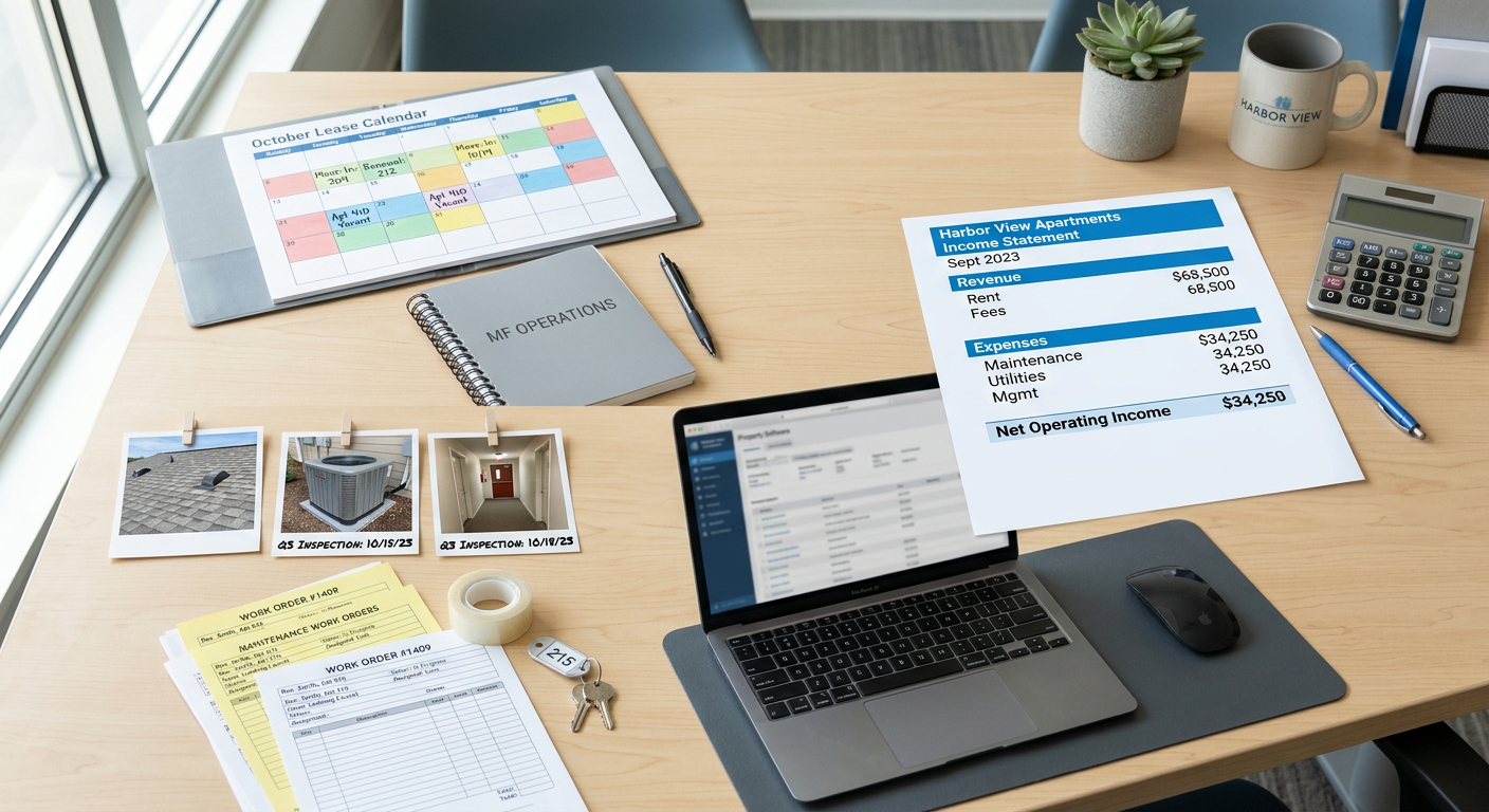 Clean photorealistic overhead view of a multifamily operations desk with a lease calendar, building inspection photos, mai...