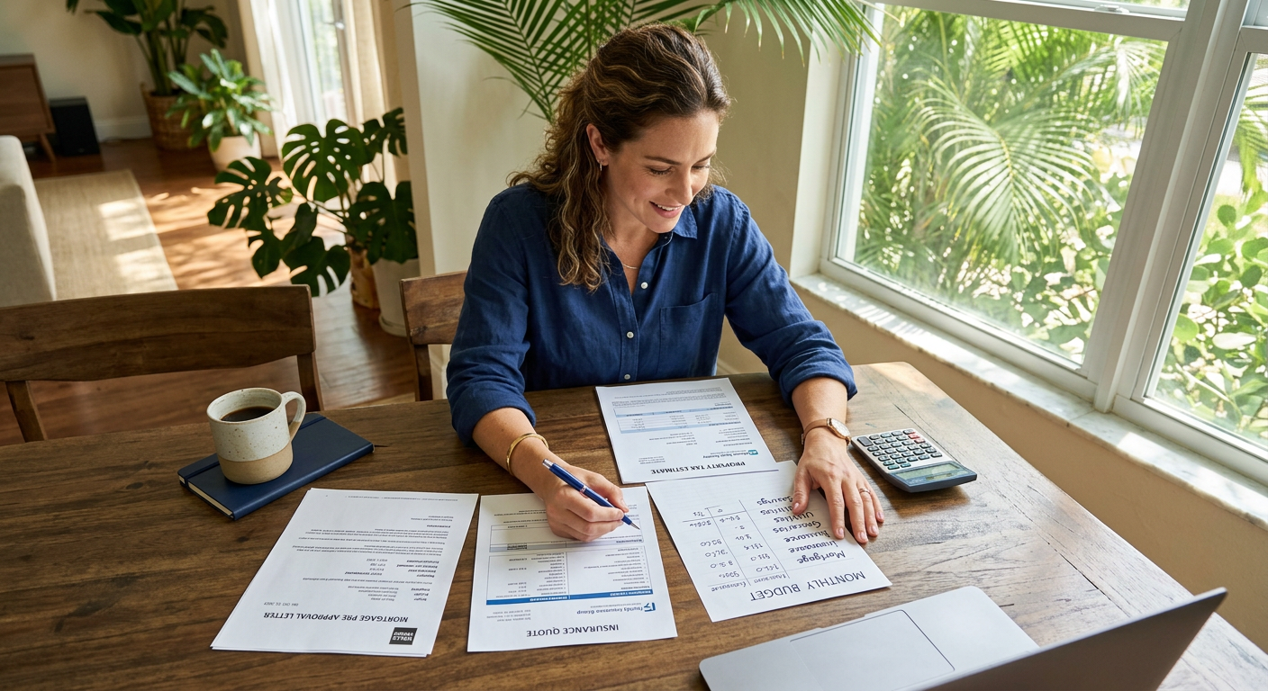 Clean photorealistic overhead scene of a South Florida homebuyer reviewing a mortgage pre-approval letter, insurance quote...