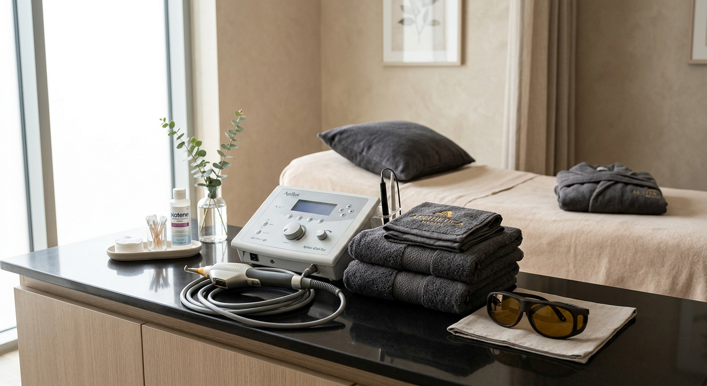Photorealistic treatment-room scene showing an advanced electrolysis device and laser handpiece arranged neatly beside cle...