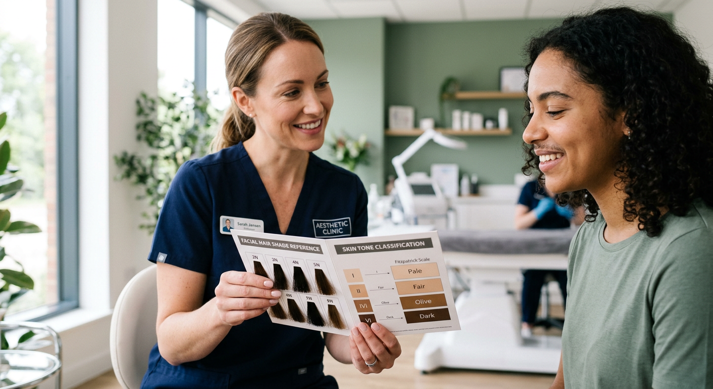 Photorealistic close-up of a clinician using a consultation card with hair color samples and a skin-tone chart while discu...