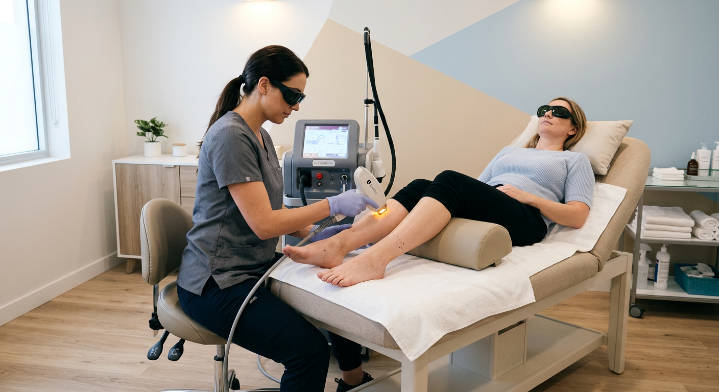 Photorealistic treatment-room scene showing a trained technician using a laser handpiece with protective eyewear while a r...