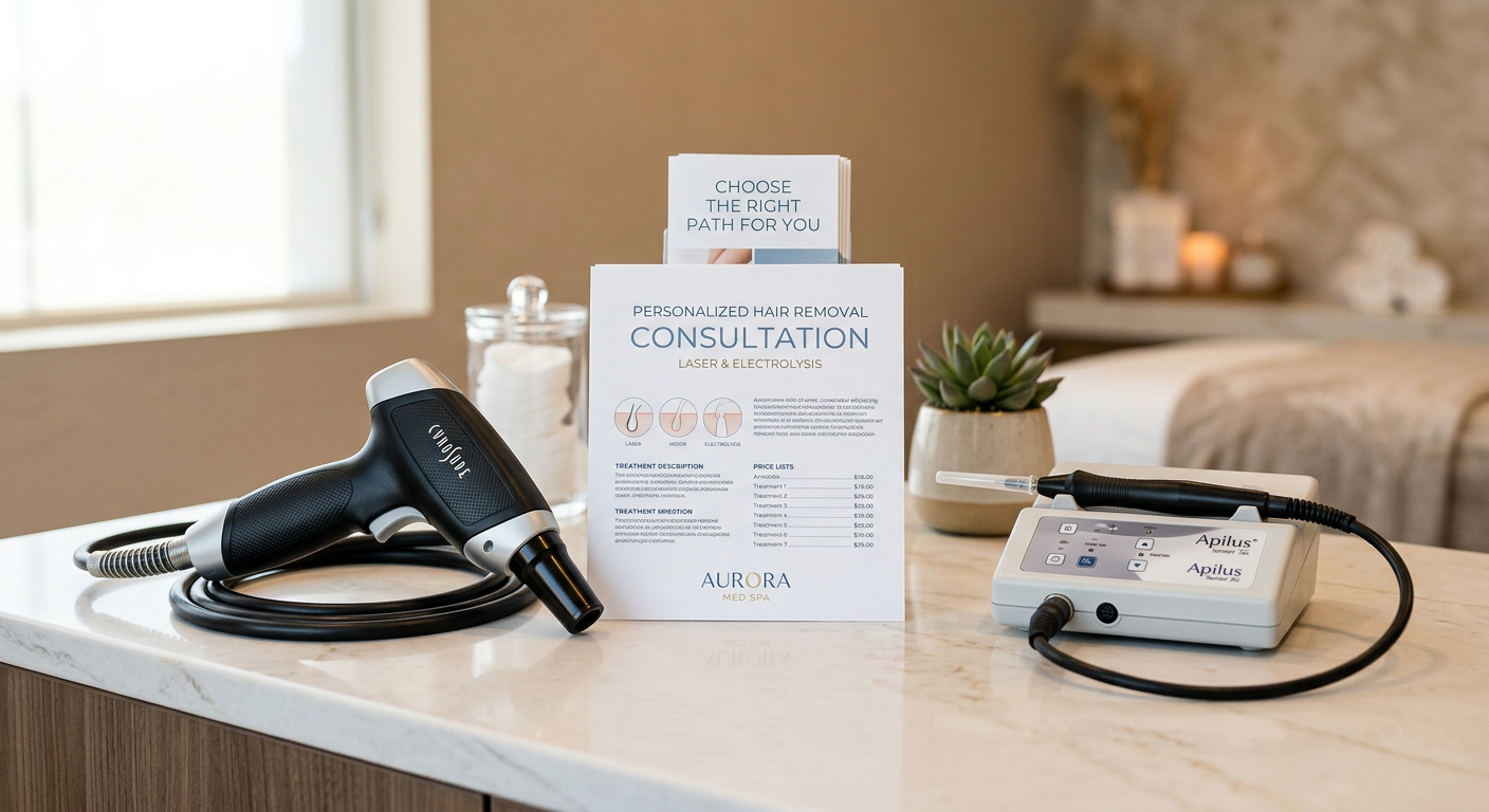 Photorealistic close-up of modern hair-removal consultation materials on a clean med spa counter, with a laser handpiece a...