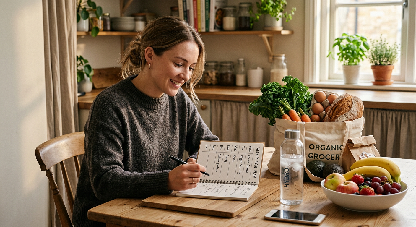 Photorealistic lifestyle scene of a person at a kitchen table reviewing a simple weekly meal plan beside groceries, a wate...