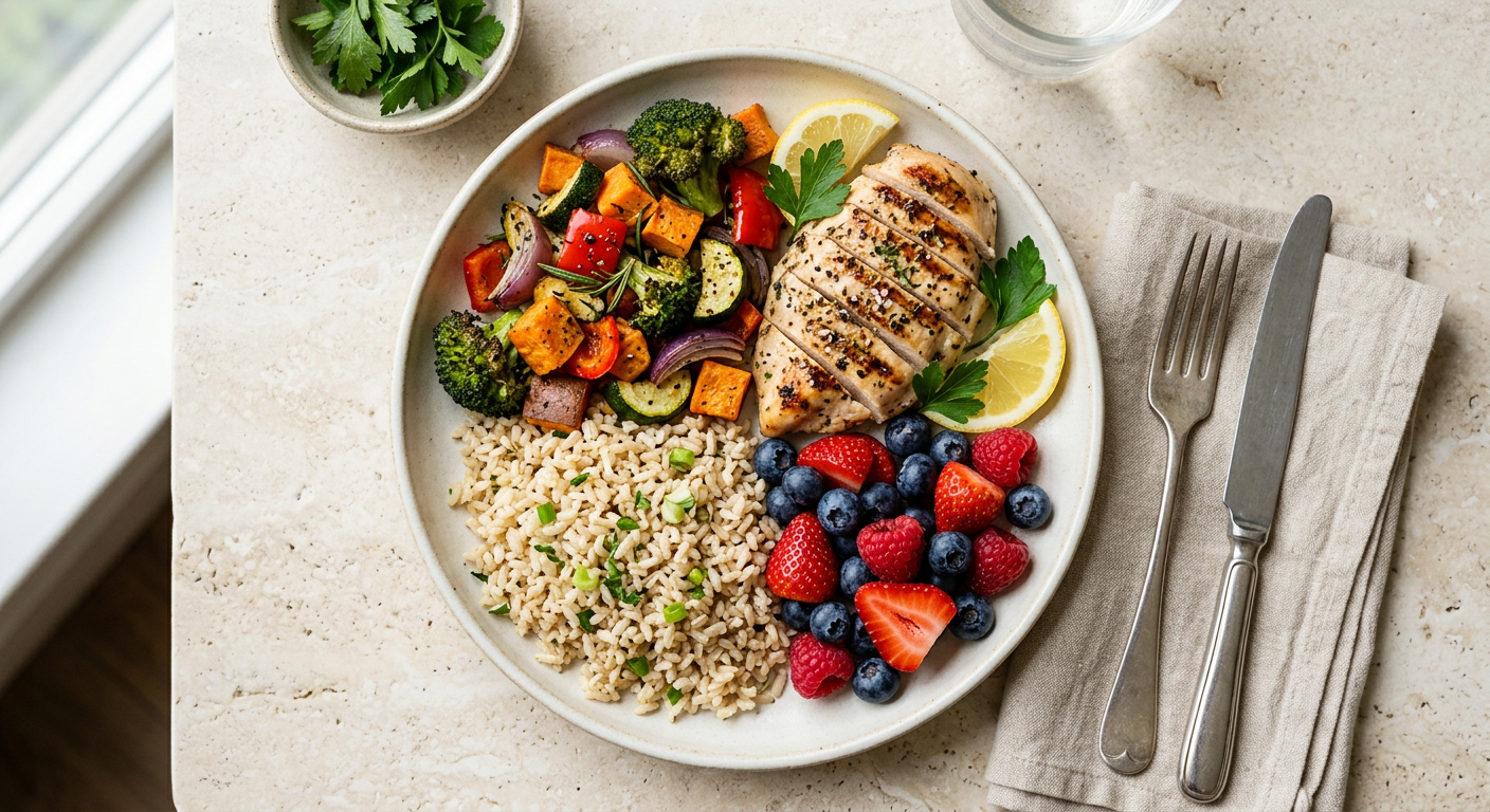Modern editorial food photograph of a balanced plate divided visually into roasted vegetables, grilled chicken, brown rice...