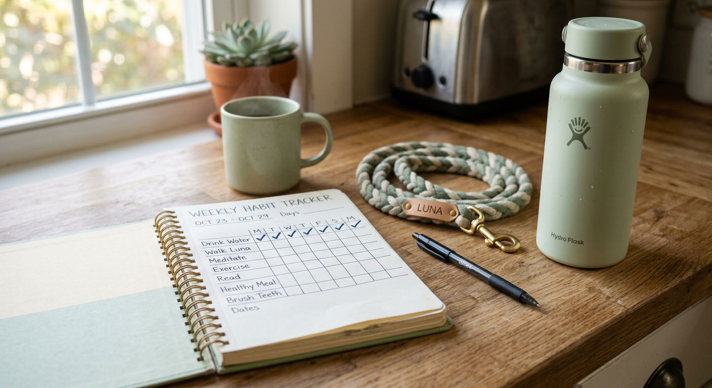 Photorealistic close-up of a weekly habit tracker on a kitchen counter with eight simple checkmarks, a pen, a water bottle...