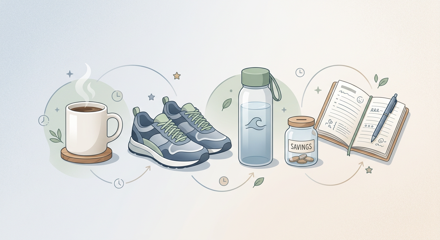 Clean modern illustration of a connected daily routine, showing a morning coffee, walking shoes, a water bottle, a small s...