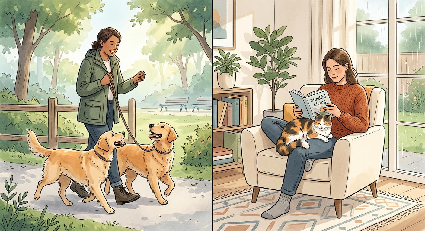 Modern editorial illustration of a household split into two peaceful scenes, a person walking and training a cheerful dog ...