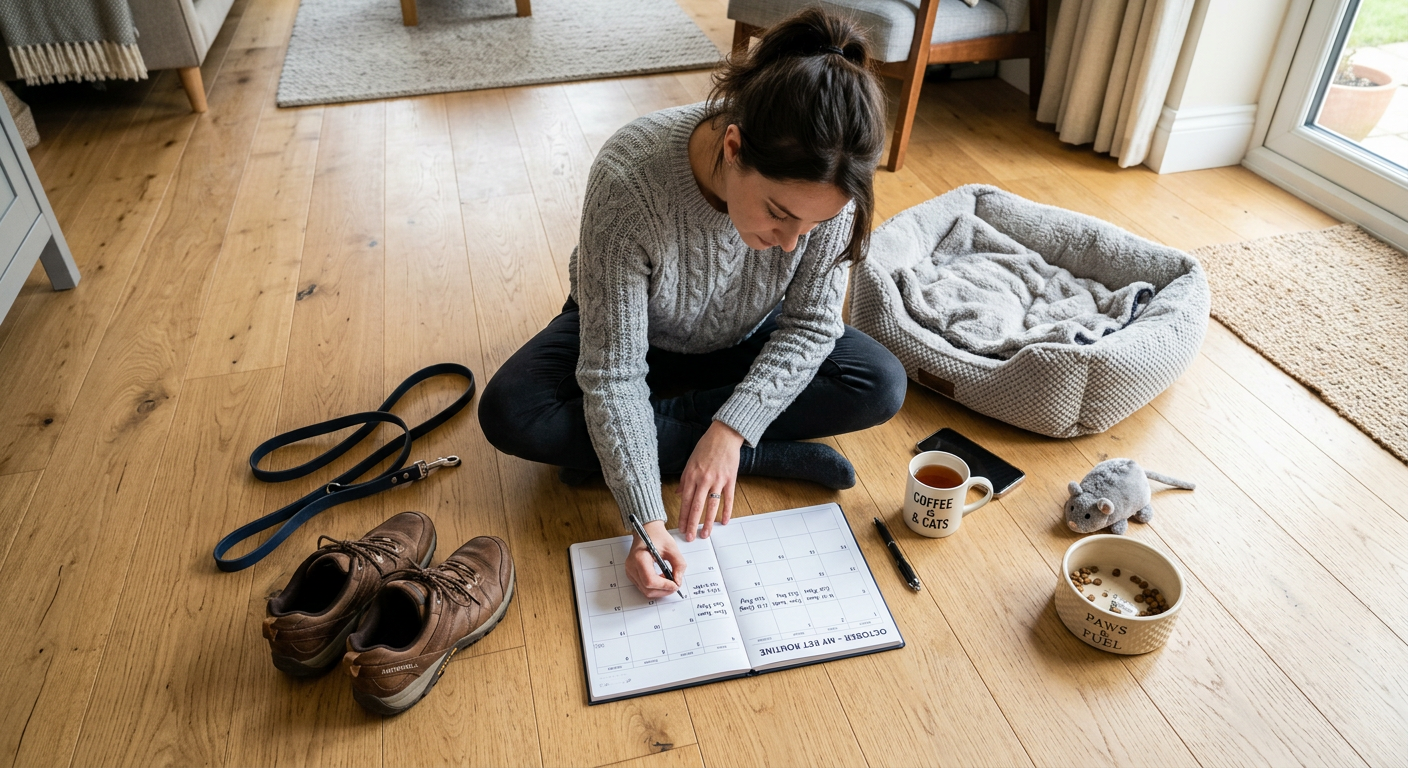 Photorealistic overhead view of a thoughtful pet owner planning a weekly routine with a leash, walking shoes, cat toy, foo...