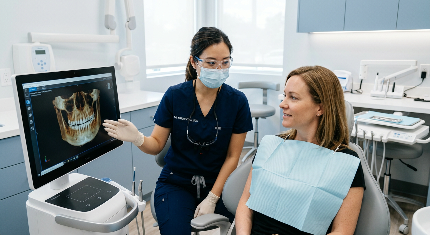 How Much Do Dental Implants Cost in Scottsdale? Local Pricing | Scottsdale Dentist | Cosmetic & Family Dentist 85250 Photorealistic close-up of a female dentist wearing protective eyewear and calmly showing a 3D jaw scan on a chairside mon...
