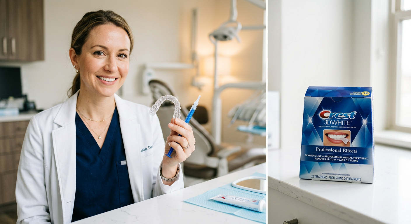 Teeth Whitening Scottsdale AZ vs At-Home Kits: Which Works? | Scottsdale Dentist | Cosmetic & Family Dentist 85250 Photorealistic close-up of a female dentist holding a custom clear whitening tray beside a box of store-bought whitening s...