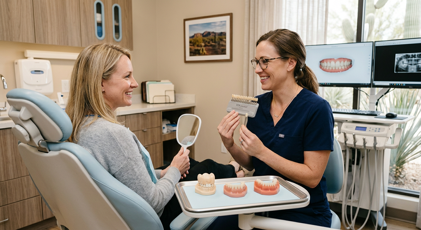 Teeth Whitening Scottsdale AZ vs At-Home Kits: Which Works? | Scottsdale Dentist | Cosmetic & Family Dentist 85250 Photorealistic consultation scene in a calming Scottsdale dental office, female dentist using a shade guide while explaini...