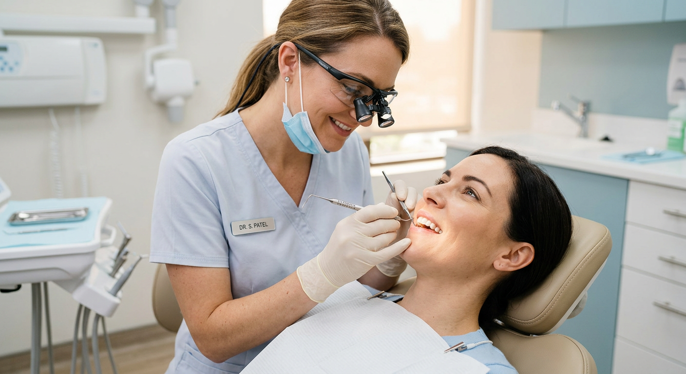 What Is Periodontal Therapy in Scottsdale? Gum Care Explained | Scottsdale Dentist | Cosmetic & Family Dentist 85250 Photorealistic close-up of a female dentist using a periodontal probe during a gentle gum evaluation, adult patient reclin...
