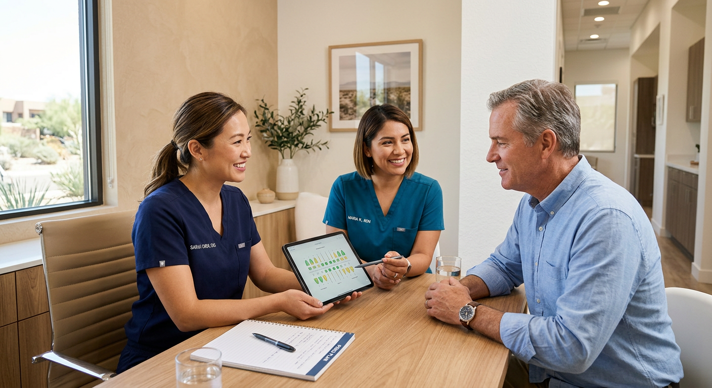 What Is Periodontal Therapy in Scottsdale? Gum Care Explained | Scottsdale Dentist | Cosmetic & Family Dentist 85250 Photorealistic female dentist and dental hygienist warmly discussing a personalized periodontal maintenance plan with a mi...