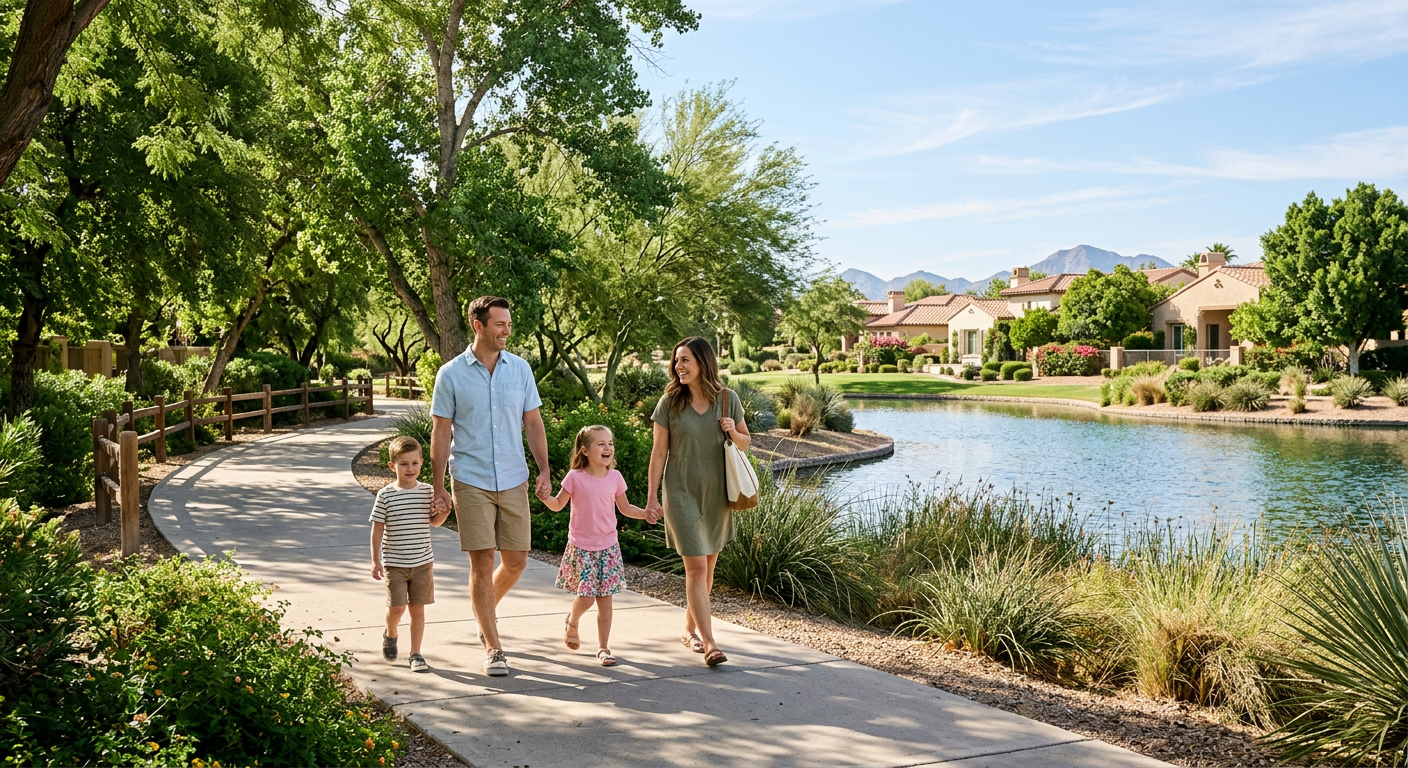 Photorealistic street-level scene in McCormick Ranch, Scottsdale, showing parents walking with children near a shaded gree...