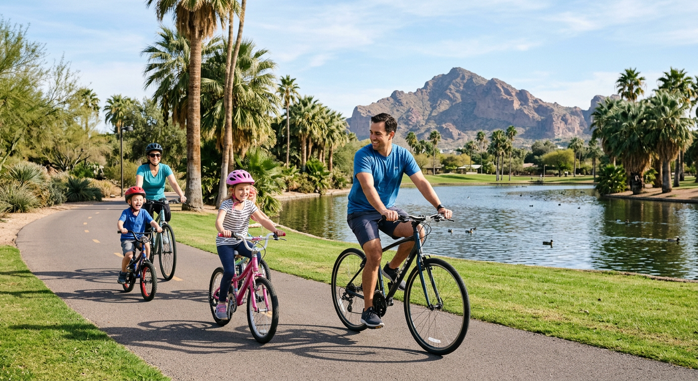 Photorealistic family cycling along Scottsdale’s Indian Bend Wash Greenbelt, with a parent and two children on a paved pat...