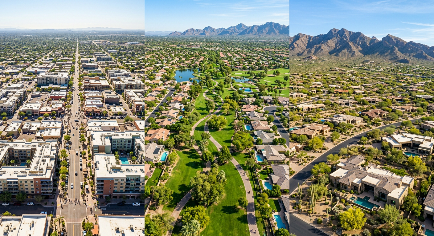 Photorealistic aerial view split naturally across Scottsdale lifestyles, showing walkable Old Town streets and low-rise co...