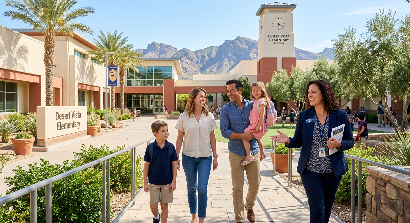 Editorial-style photorealistic image of a Scottsdale family touring a bright public school campus with a friendly administ...