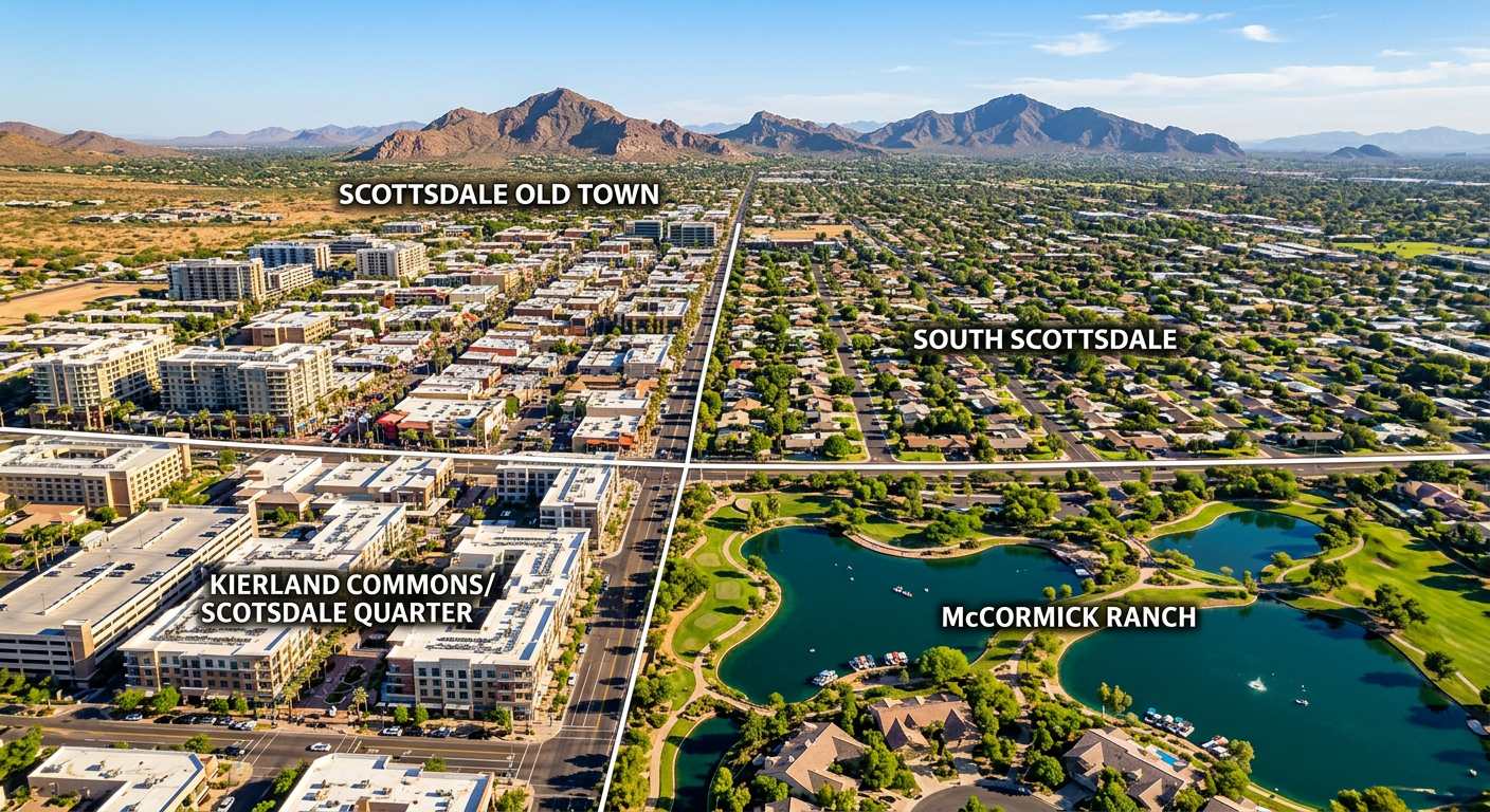 Photorealistic aerial view showing four distinct Scottsdale lifestyle zones, Old Town’s walkable streets and condo buildin...