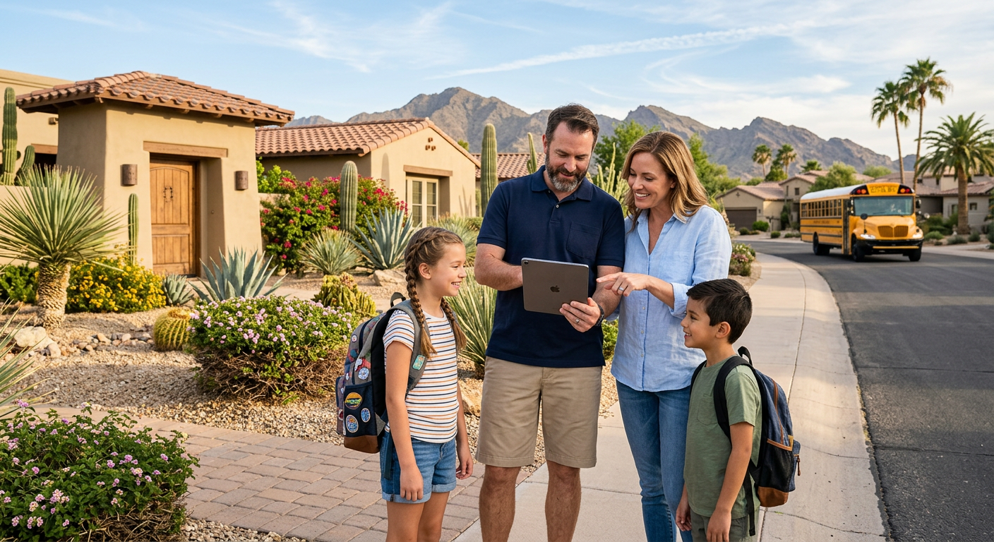 Photorealistic street-level scene of parents and two school-age children standing outside a Scottsdale home while reviewin...