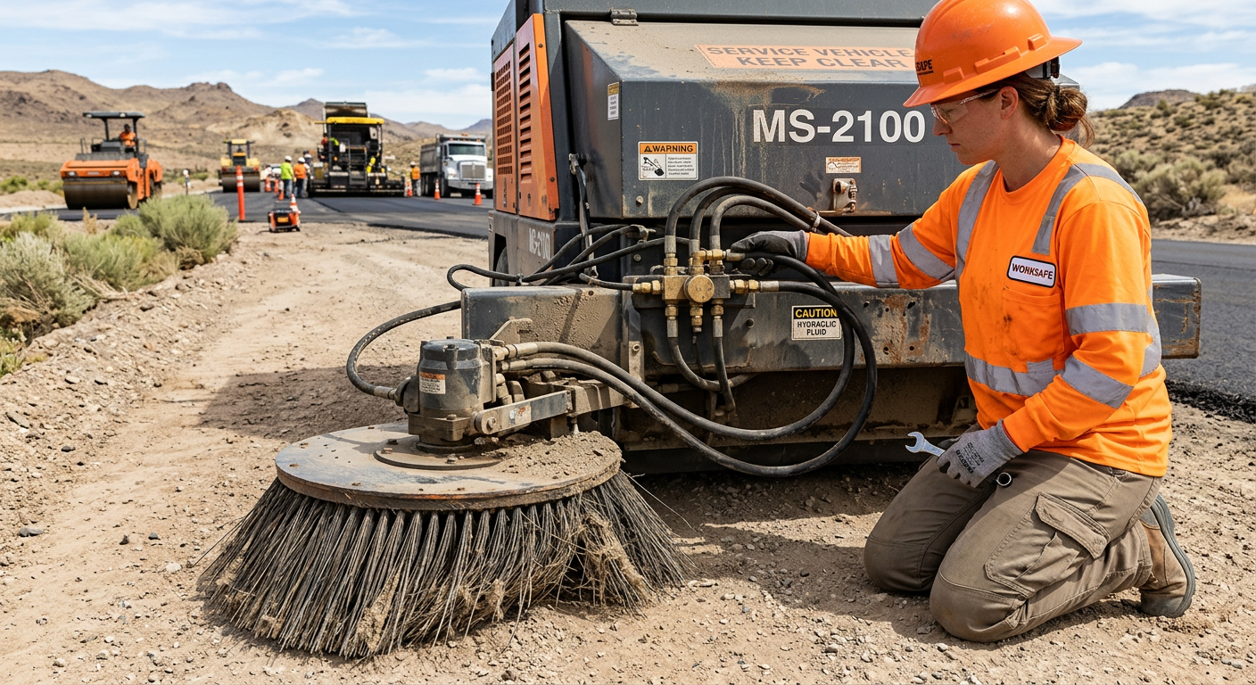 Photorealistic close-up of an unbranded mechanical broom sweeper receiving routine service beside a Nevada road project, t...