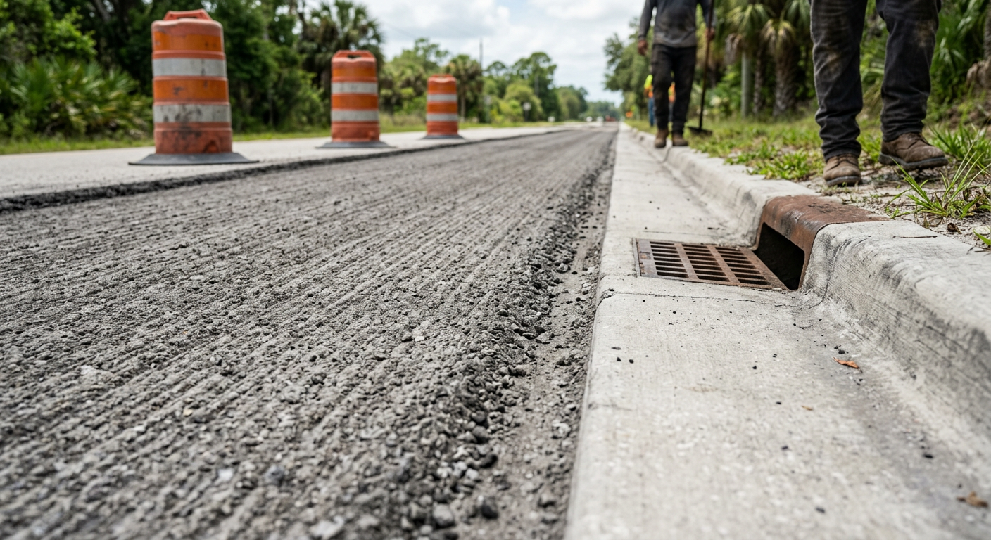 Photorealistic close-up of a cleanly prepared milled asphalt roadway in Florida, showing textured reclaimed asphalt, a cle...
