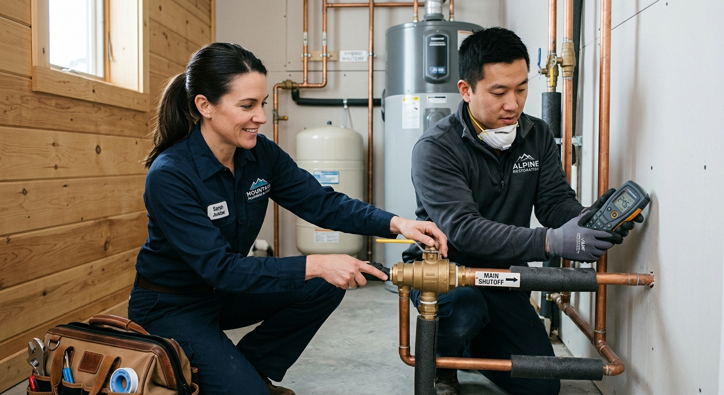 Photorealistic close-up of a qualified plumber identifying a main shutoff valve in a clean mountain-home utility room, wit...