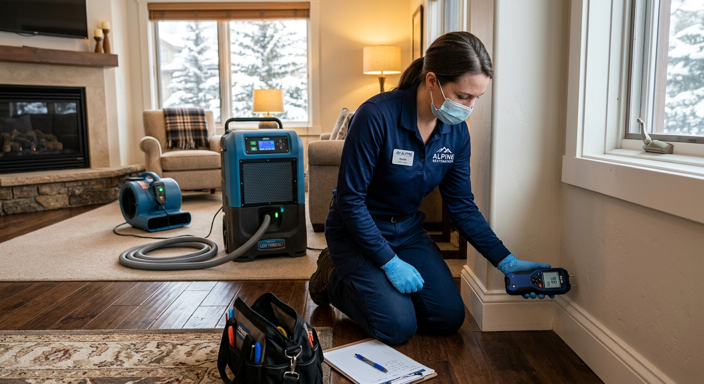 Photorealistic restoration technician in a Snowmass Village condo using a digital moisture meter along a baseboard while d...