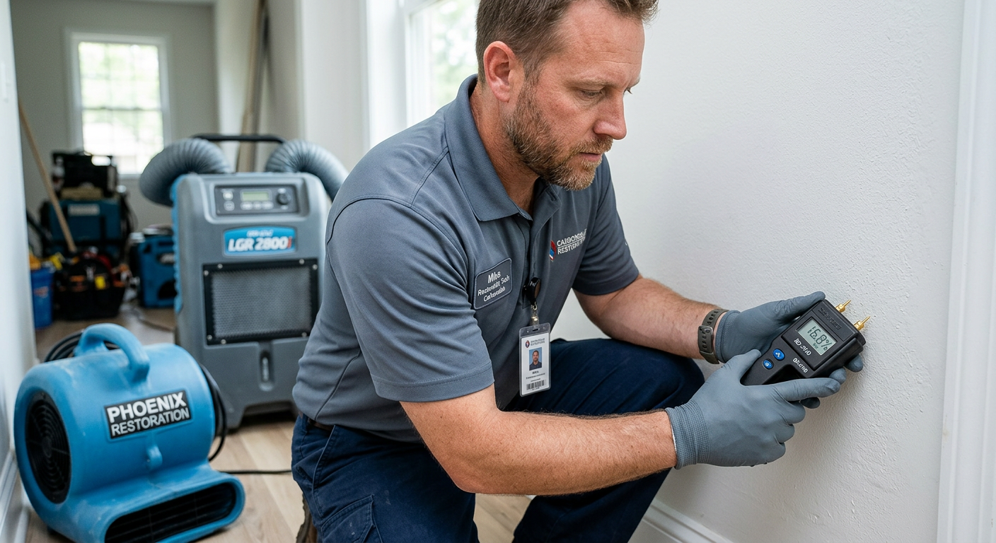 Photorealistic close-up of a restoration technician checking a moisture meter against a drywall surface in a Carbondale re...
