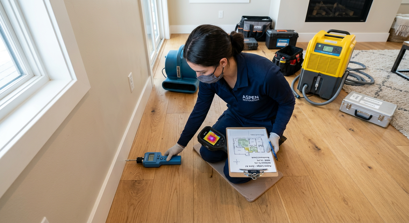 Aspen Water Restoration Company Alternatives: How to Choose | Water Damage Cleanup & Restoration Company in Aspen | Helpers Photorealistic overhead view of a clean Aspen home restoration assessment, showing a technician documenting moisture readi...