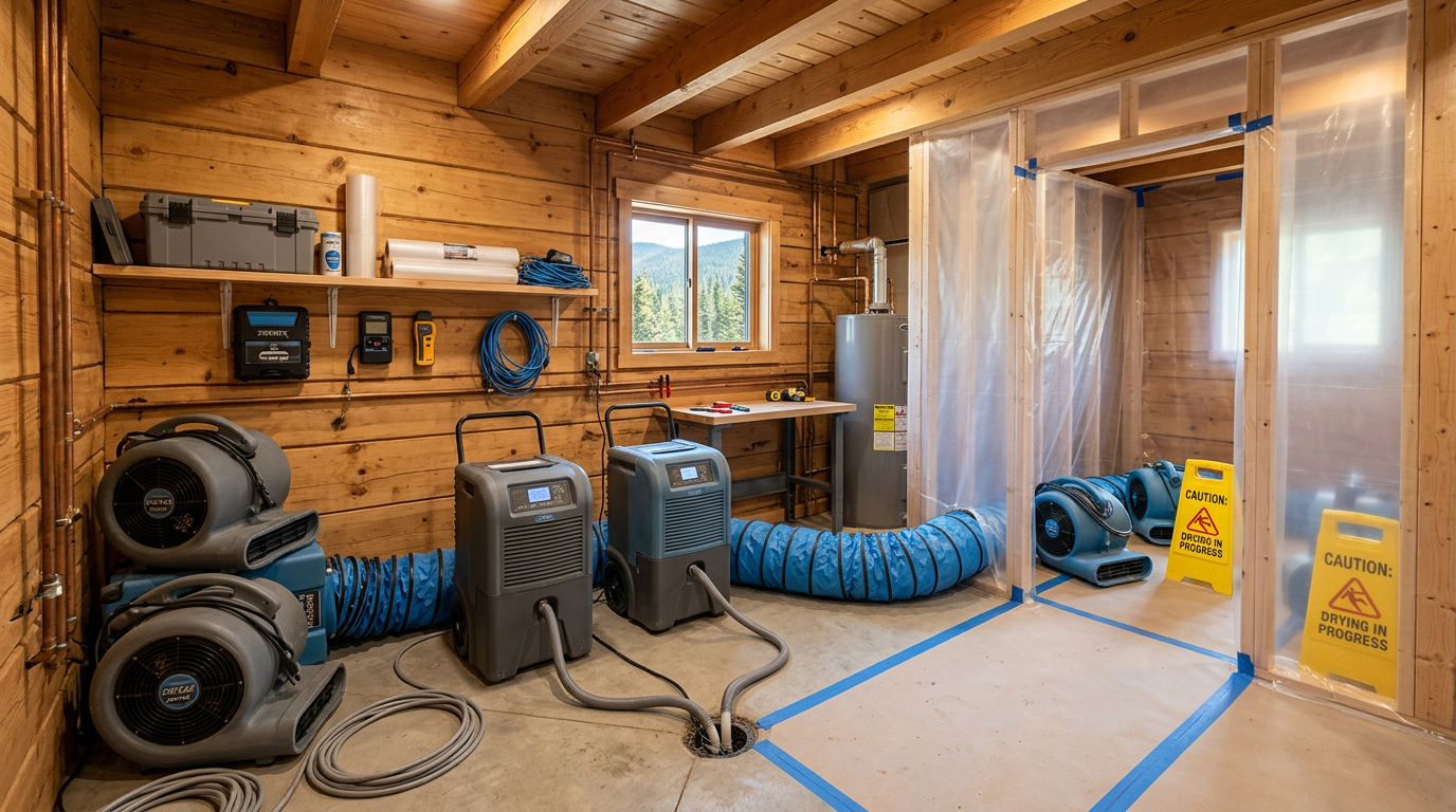 Photorealistic wide-angle view of a clean, partially restored mountain home utility room with professional air movers, deh...