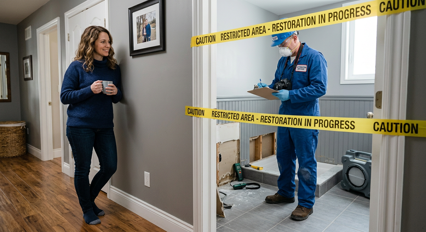 Photorealistic close-up of a homeowner standing safely outside a taped-off lower-level bathroom while a restoration techni...