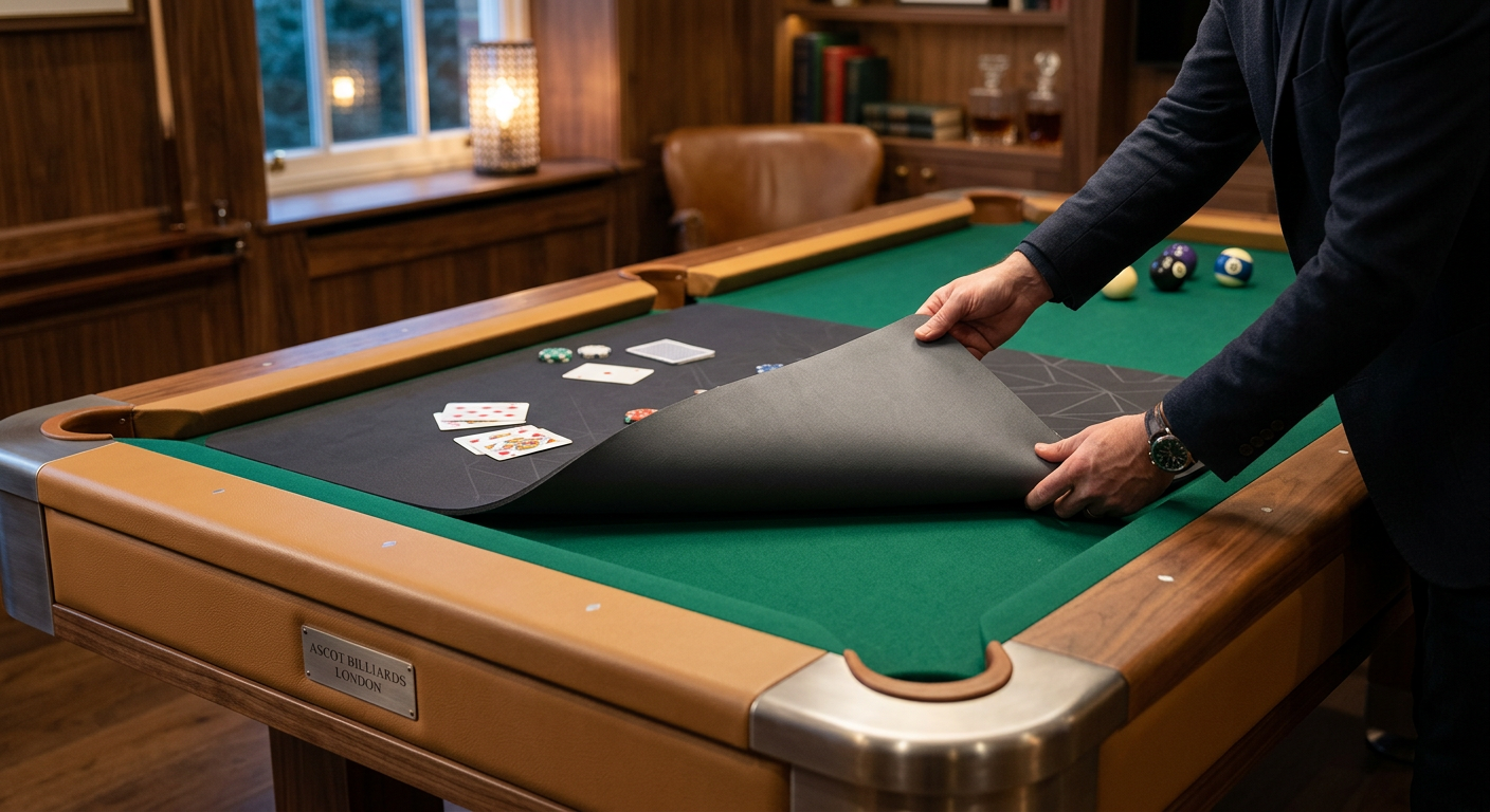 Photorealistic close-up of a luxury rectangular six-pocket pool table after card play, with the thin removable neoprene ov...