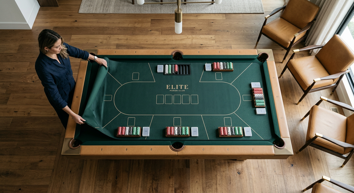 Photorealistic overhead view of a premium rectangular six-pocket pool table being prepared for poker, with a host smoothly...