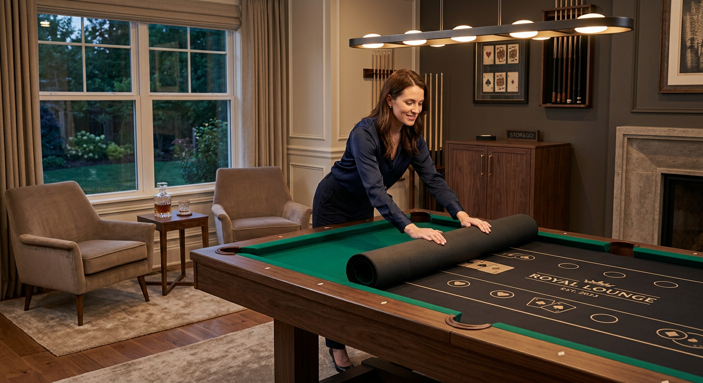 Photorealistic luxury game room photography showing the same rectangular six-pocket pool table after poker play. A host ge...