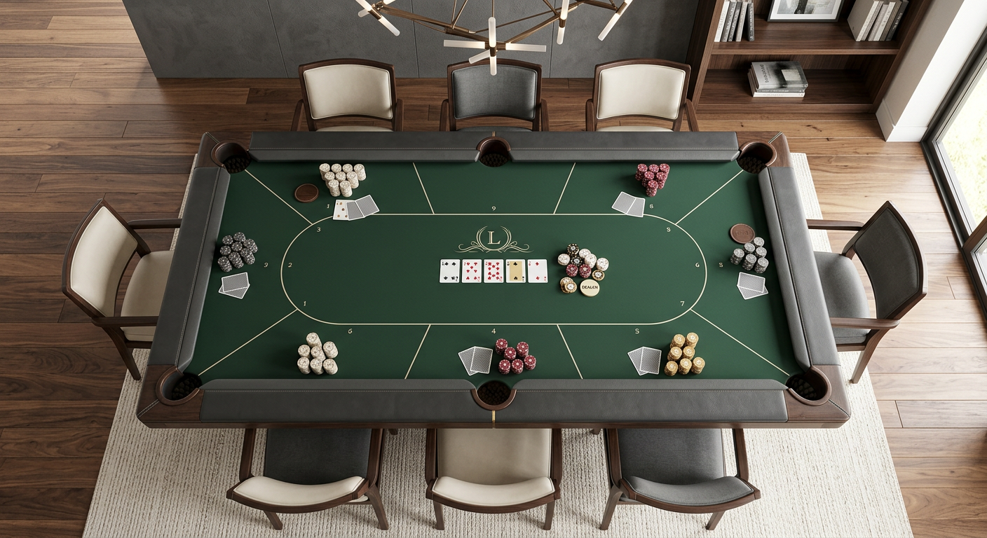 Photorealistic overhead architectural interior photograph of a rectangular luxury pool table converted for poker. The imag...